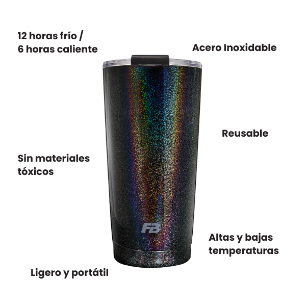 Vaso Térmico 20 oz / 591 ml - Negro Glitter - Acero Inoxidable